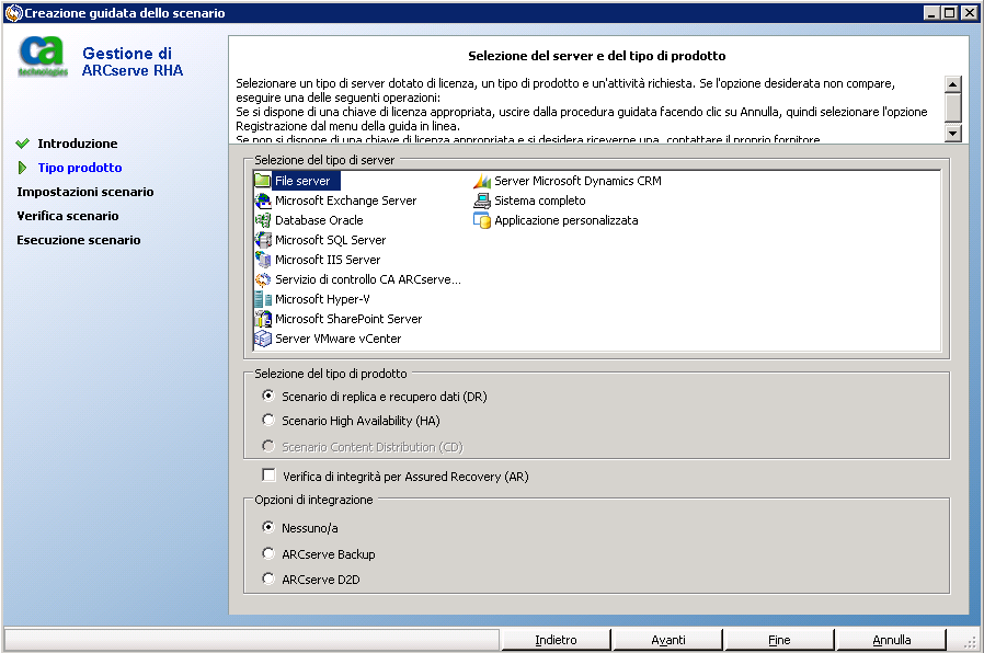 Creazione di un nuovo scenario HA per file server Tale procedura avvia la creazione guidata degli scenari HA, che guida l'utente attraverso i vari passaggi necessari.