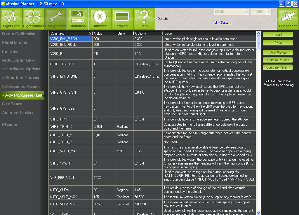 ADV PARAMETER LIST schermata di elenco di tutti i parametri con spiegazioni,se si eseguono modifiche cliccare su WRITE PARAMS per salvare su VRB,si puo salvare la lista sul PC e caricarli