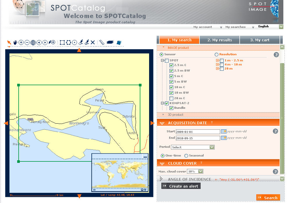 Tab. 2.6: Specifiche dei satelliti SPOT La ricerca di immagini SPOT può essere effettuata direttamente il sito dedicato (http://catalog.spotimage.com/) come mostra la figura 2.