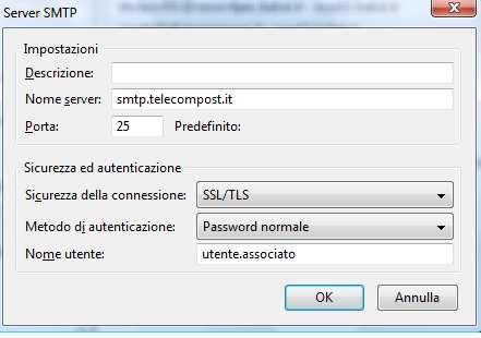 Per il server SMTP è inoltre necessario specificare: - Il Metodo di autenticazione: Password Normale - Il Nome Utente: deve coincidere con la