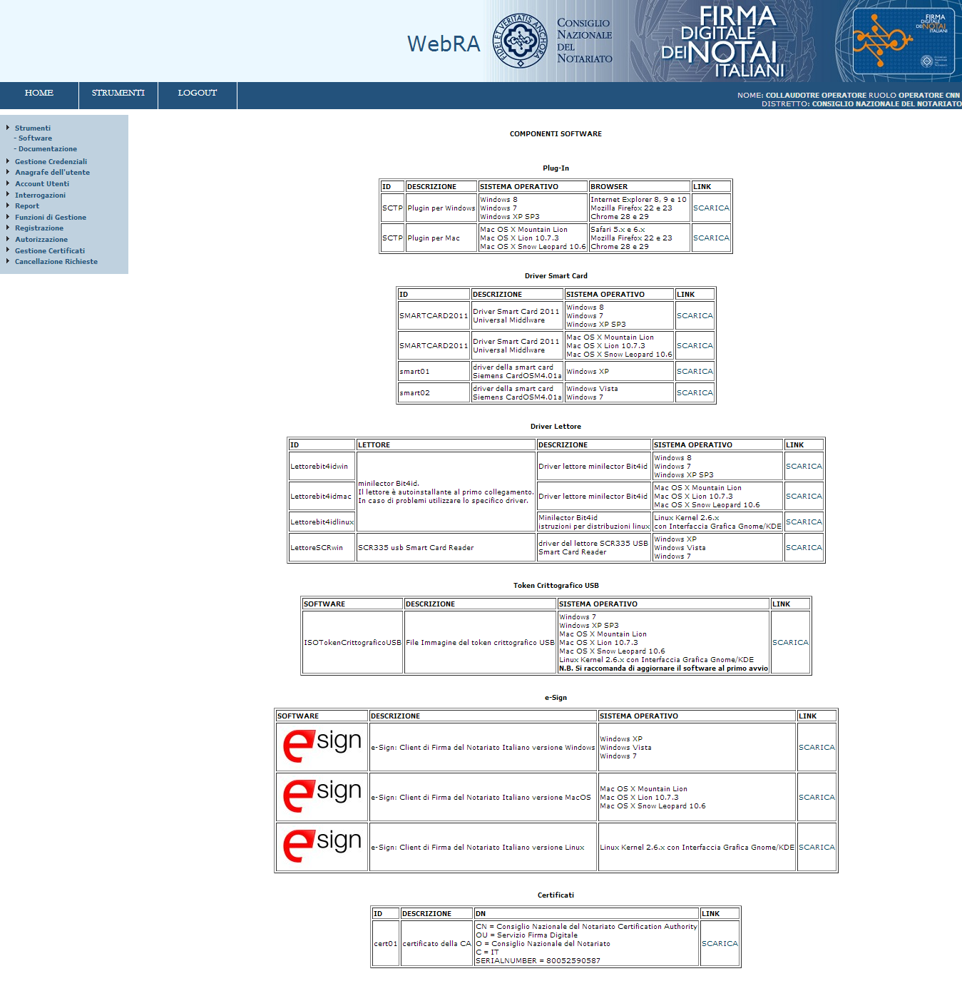 Figura 9 - Pagina Componenti Software. 4.1.2 Il plugin Il plugin è un modulo software scaricato con il browser, che espleta le funzioni di: 1.