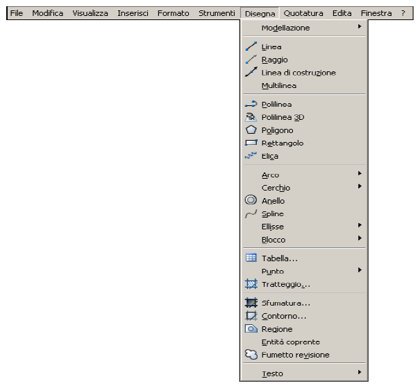 Introduzione ad AutoCAD: barre dei menu Sono situate nella parte superiore dello schermo La selezione del comando ne produce l immediata esecuzione; il menu scompare mentre nella finestra dei comandi