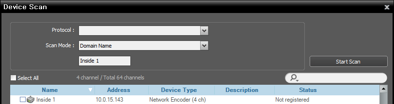 Comparirà la finestra Device Scan (Scansione dispositivo). Protocol (Protocollo): Selezionare il protocollo o il produttore del dispositivo per la scansione.