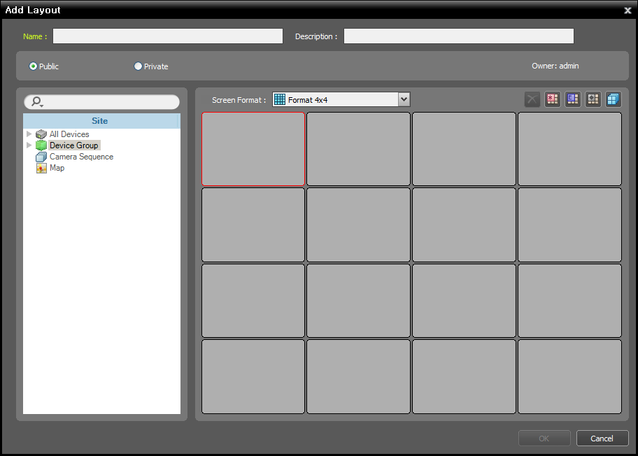 inex Standard Registrazione Layout 1. Dal menu System (Sistema) fare clic su inex Setup (Configurazione inex) e selezionare il menu Device (Dispositivo). 2.