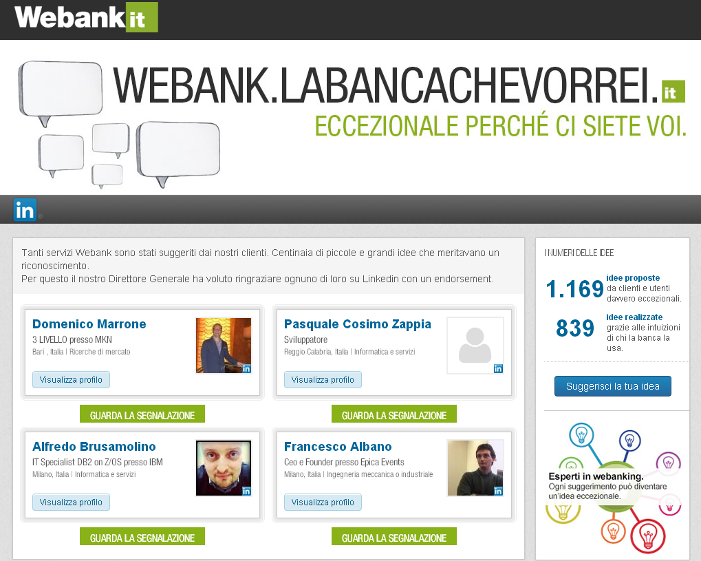 «The Endorsement»: alcuni numeri 839 suggerimenti (trasformati in 138 progetti) inseriti da 211 utenti contattati da Webank per il progetto