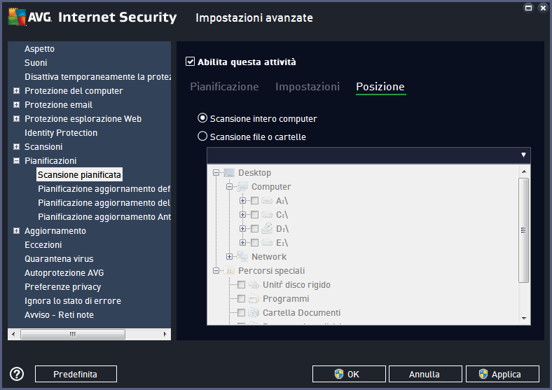 Nella scheda Posizione è possibile definire se si desidera pianificare la scansione dell'intero computer o la scansione di file o cartelle.