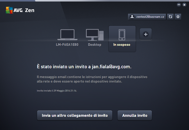 4. Il messaggio email di invito è stato inviato. Il dispositivo viene ora visualizzato nell'area dei dispositivi come "In sospeso". Ciò significa che l'invito è in attesa di essere accettato.