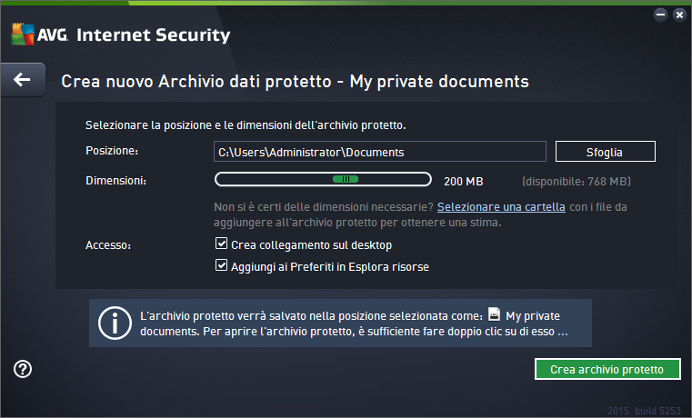 Innanzitutto è necessario specificare il nome dell'archivio protetto e creare una password complessa: Nome archivio protetto: per creare un nuovo archivio protetto, innanzitutto è necessario