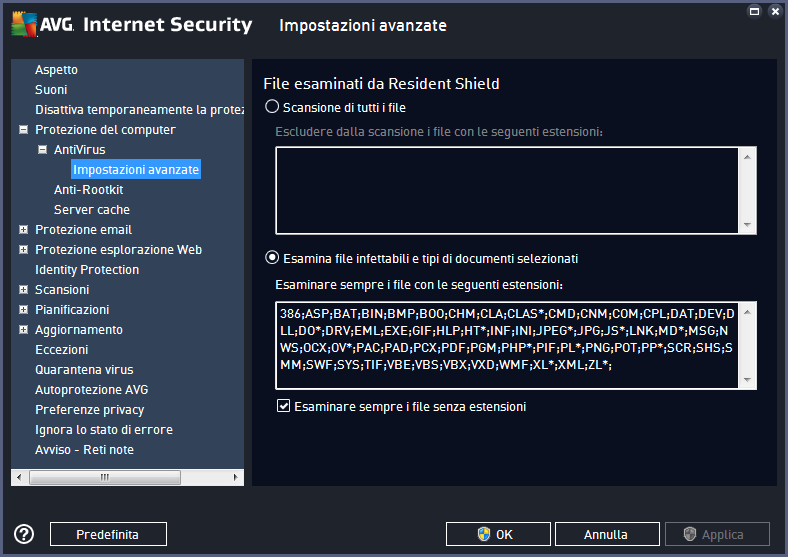 Nella finestra di dialogo File esaminati da Resident Shield è possibile configurare i file che verranno sottoposti a scansione (in base a estensioni specifiche): Selezionare la rispettiva casella di