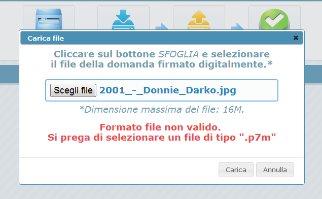 E' necessario cliccare su Scarica domanda da firmare digitalmente, affinché la domanda in formato pdf venga scaricata sul computer.