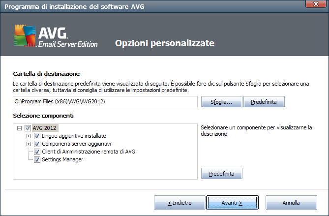 3.4. Installazione personalizzata - Opzioni personalizzate La finestra di dialogo Cartella di destinazione consente di specificare la posizione di installazione di AVG.