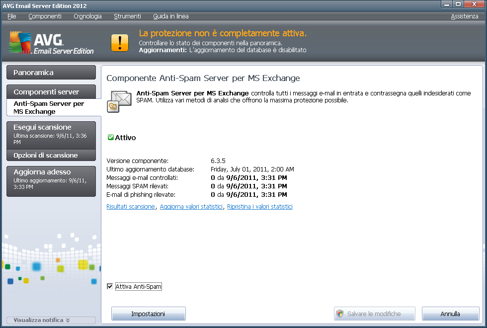 7. Configurazione dell'anti-spam 7.1. Interfaccia dell'anti-spam La finestra di dialogo del componente server Anti-Spam è disponibile nella sezione Componenti server (menu a sinistra).