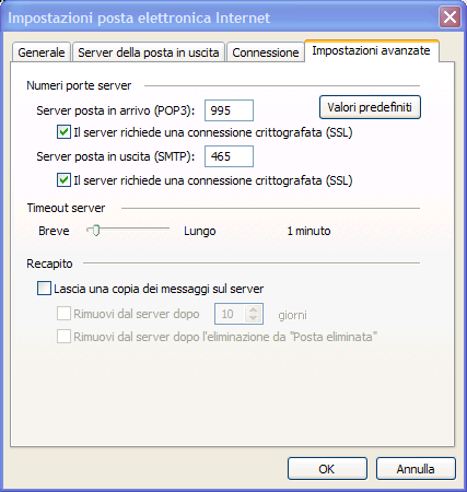 Selezionate sia per la posta in uscita (SMTP) sia per la posta in arrivo (POP3) la casella Il server richiede una connessione crittografata (SSL).