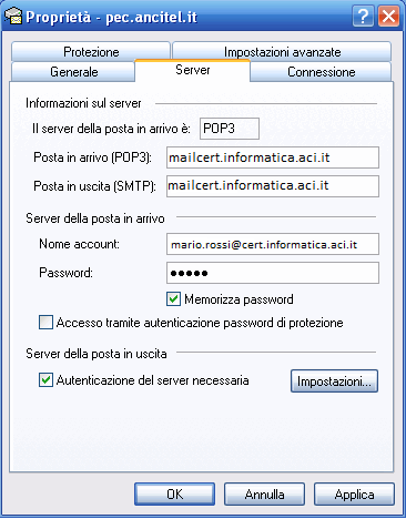 il server PEC. Spuntare il check, per la posta in uscita SMTP, Il server necessita di una connessione protetta, e impostare il valore della porta a 465 per SMTP su SSL tra client e server.