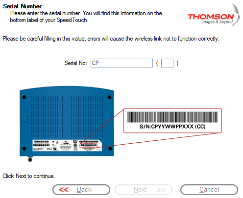 Captolo 2 Installazone d base 2 Immettere l numero d sere d Thomson Gateway e fare clc su Avant. S tratta d Qund fare clc su Avant.