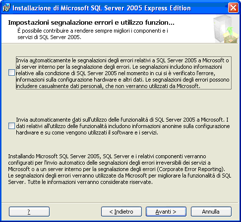 N.B. Il flag su Aggiungi utente al ruolo di amministratore di SQL Server è da mettere solo nel caso di installazione SQL su Sistema Operativo Windows