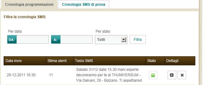 Figura 15 Dettaglio cronologia Cancellazione di un sms in programmazione La programmazione può essere cancellata