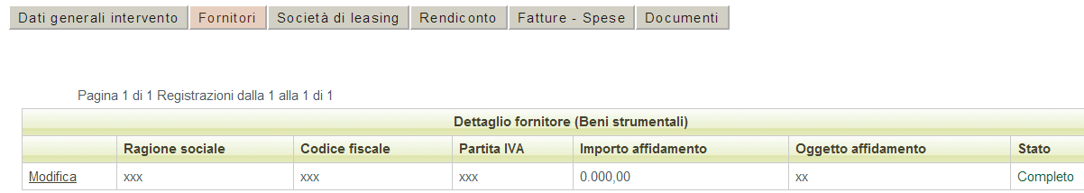 I campi in sola lettura contengono dati inseriti in fase di presentazione della domanda di contributo e pertanto non sono modificabili 6.3.2.