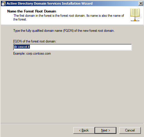 Installazione di Active Directory Selezioniamo il nome per il «forest root domain».