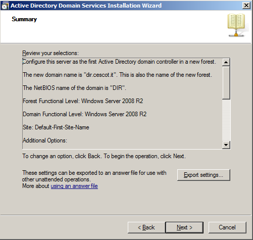 Installazione di Active Directory Viene mostrata una schermata riassuntiva delle opzioni selezionate.