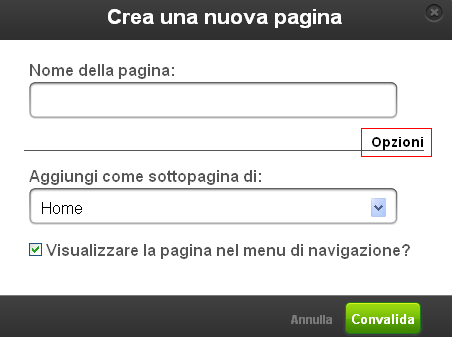 Clicca su «Opzioni» nella sezione «Creare una nuova pagina» e seleziona la