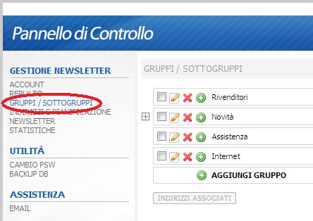 GRUPPI/SOTTOGRUPPI E' possibile definire dei gruppi e dei sottogruppi con cui suddividere gli indirizzi email a cui inviare le newsletter.