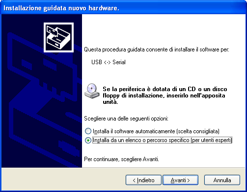 Installazione del driver con sistema operativo Windows XP Inserire la sonda in una