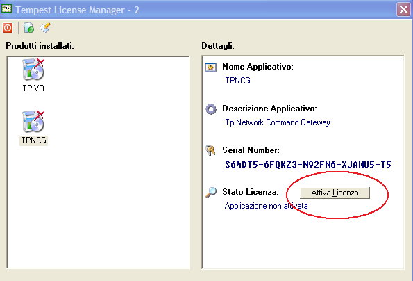 Tempest License Manager Una volta ricevuti i file TPIVR.lic e TPNCG.lic eseguire l applicazione Gestione Licenze, facente parte del Tempest Control Panel.