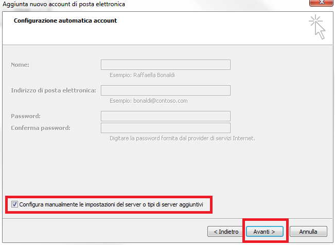 Nella schermata che si aprirà segui questi passi ed inserisci queste informazioni Seleziona Microsoft Exchange, POP3, IMAP o HTTP e clicca il pulsante Avanti Nella finestra che si