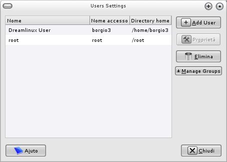 Fig.7 - Finestra di selezione dei servizi di sistema Users Group Questa icona, una volta cliccata, richiede i permessi di amministratore e da accesso alla utilità di configurazione degli utenti che