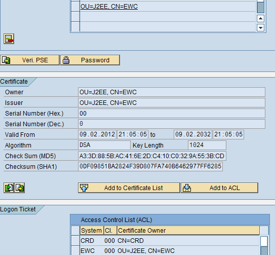 Fare logon sul client 000 dell ABAP e caricare il certificato dell AS Java, quindi inserirlo sia nella Certificate List sia nell Access Control List (ACL).