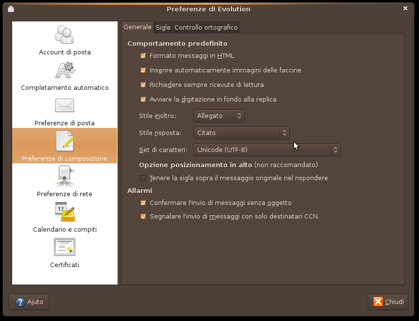 II.Preferenze di composizione Scheda Generale Se preferite replicare ad un messaggio apponendo il vostro testo in fondo a quello in risposta allora dovete selezionare