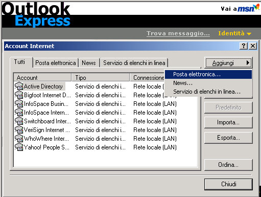 Nella nuova finestra Account Internet cliccaere il tasto Aggiungi posizionato in alto a destra, selezionando l'opzione Posta Elettronica.