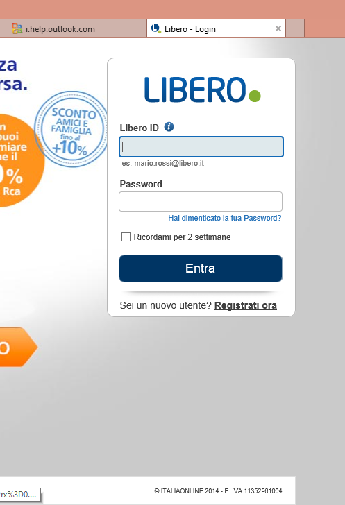 Il provider libero Facendo clic su Registrati ora si apre una pagina di registrazione con la