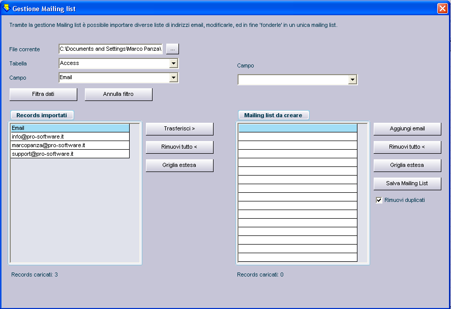 7) GESTIONE MAILING LIST Tramite la gestione mailing list è possibile creare liste di indirizzi e-mail importando ed elaborando database anche di diverso formato.