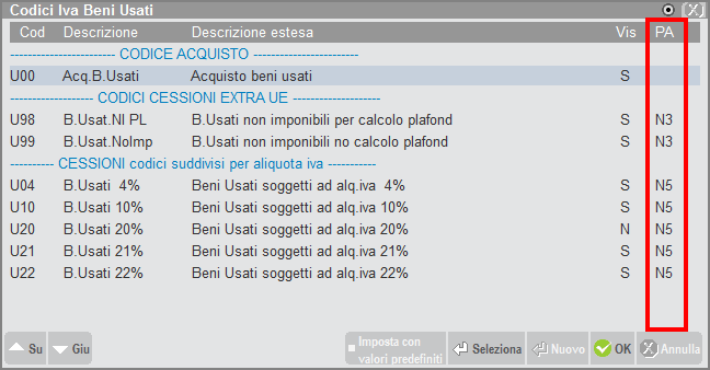 Inoltre, per ogni riga, tramite il pulsante F8, è possibile variare la descrizione del riferimento normativo completando le informazioni relative ad ogni codice: CODICI IVA BENI USATI Il campo Natura