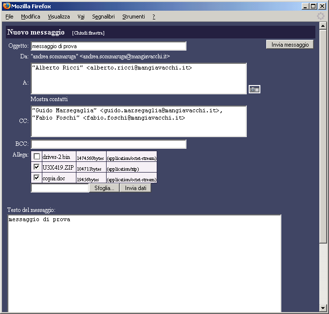 Sempre con il solito esempio di messaggio allego due files al messaggio. Dopo averli selezionati con sfoglia ed inviati con [Invia dati] la finestra del messaggio avrà il seguente aspetto.