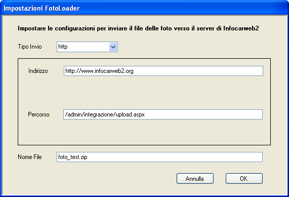 impostare l'indirizzo http e il percorso della pagina adibita all'upload.