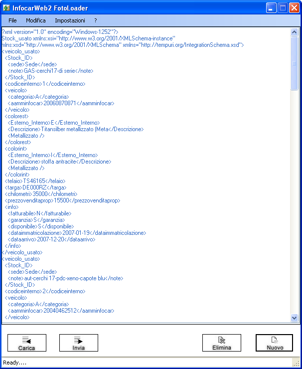 La finestra visualizza il testo XML convertito, che può essere copiato ( Modifica >> Seleziona Tutto, Modifica >> Copia) o inviato direttamente al server di InfocarWeb2 cliccando su Invia. 1.3.