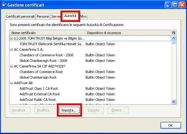 5 - Scegliere Opzioni Avanzate; Certificati; Mostra certificati. Vedere la seguente immagine. 6 - Scegliere Autorità; Importa.