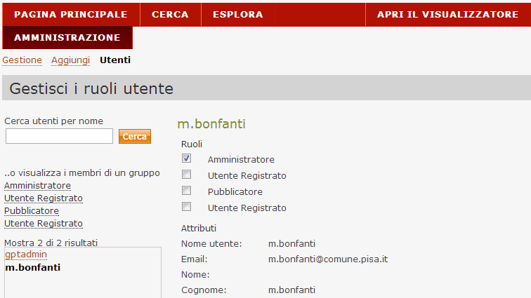 Sicurezza dei metadati Geoportal Server prevede la possibilità proteggere i metadati tramite la profilazione degli utenti su protocollo LDAP (Apache Directory Server) Nel Geoportale del Comune di