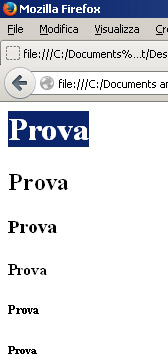 Un serie di tag utilizzati spesso per misurare la dimensione del carattere (Font in inglese) in html sono i seguenti: <h1>prova</h1> <h2>prova</h2> <h3>prova</h3> <h4>prova</h4> <h5>prova</h5>