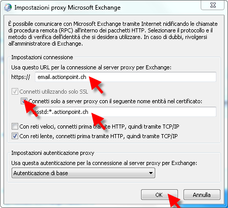 4. Microsoft Exchange: connessione I Si aprirà una finestra. Selezioni la scheda Connessione. Selezioni Crea una connessione con Microsoft Exchange tramite http.