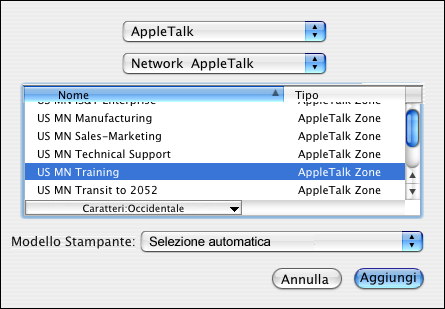 CONFIGURAZIONE DELLA STAMPA SU MAC OS X 11 Se la zona non compare in elenco come zona di default o come una delle zone recenti, selezionare Network AppleTalk, selezionare la zona e fare clic su