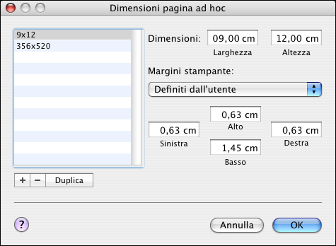 STAMPA DA COMPUTER MAC OS X 32 3 Fare clic su Nuovo ed immettere un nome per il formato pagina personalizzato. 4 Specificare le dimensioni e i margini della pagina. 5 Fare clic su Registra.