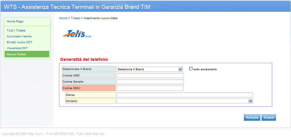 5.1.7 Il sistema WTS Nuovo Ticket L apertura di un ticket è suddivisa in 2 pagine diverse, questa pagina Generalità del Telefono è la prima.