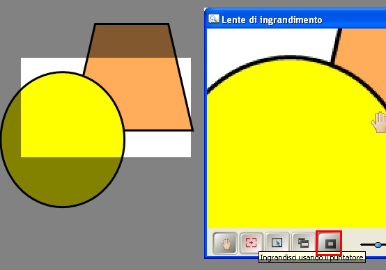 Il quinto strumento, riquadro nero dal bordo grosso, attiva la funzione Evidenziazione, la quale consente di visualizzare un riquadro di