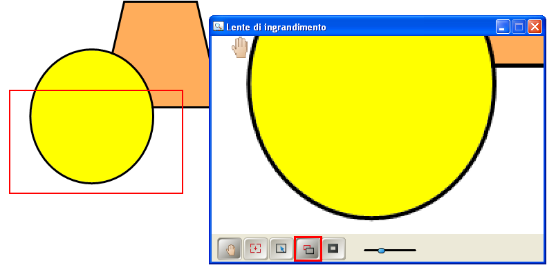 Il quarto strumento, doppio riquadro nero e rosso, attiva la funzione Mostra lenti di ingrandimento la quale consente di visualizzare un