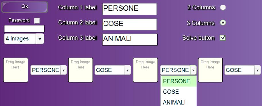 CATEGORY SORT IMAGE CLASSIFICARE IMMAGINI Trasciniamo l elemento nell area di lavoro e clicchiamo su Edit inserire le voci della classificazione Scegliere 2 o 3 colonne inserire una password