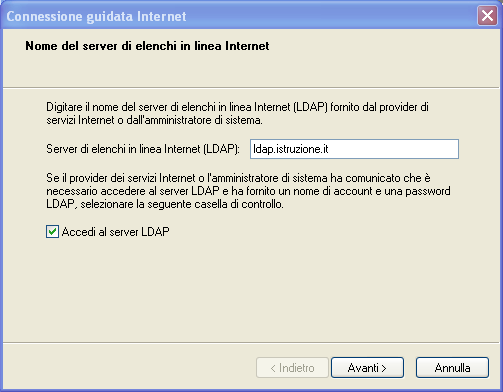 3.4 CONFIGURAZIONE DELLA RUBRICA CONDIVISA Per poter configurare anche la rubrica indirizzi condivisa, tornate alla finestra Account Internet, selezionando la scheda Servizio di elenchi in linea.